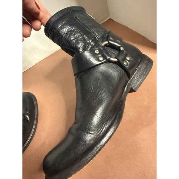 FRYE PHILLIP BLACK Leather Harness Back Zip Short Boots 6.5 Biker Boho Chic moto - Picture 7 of 16